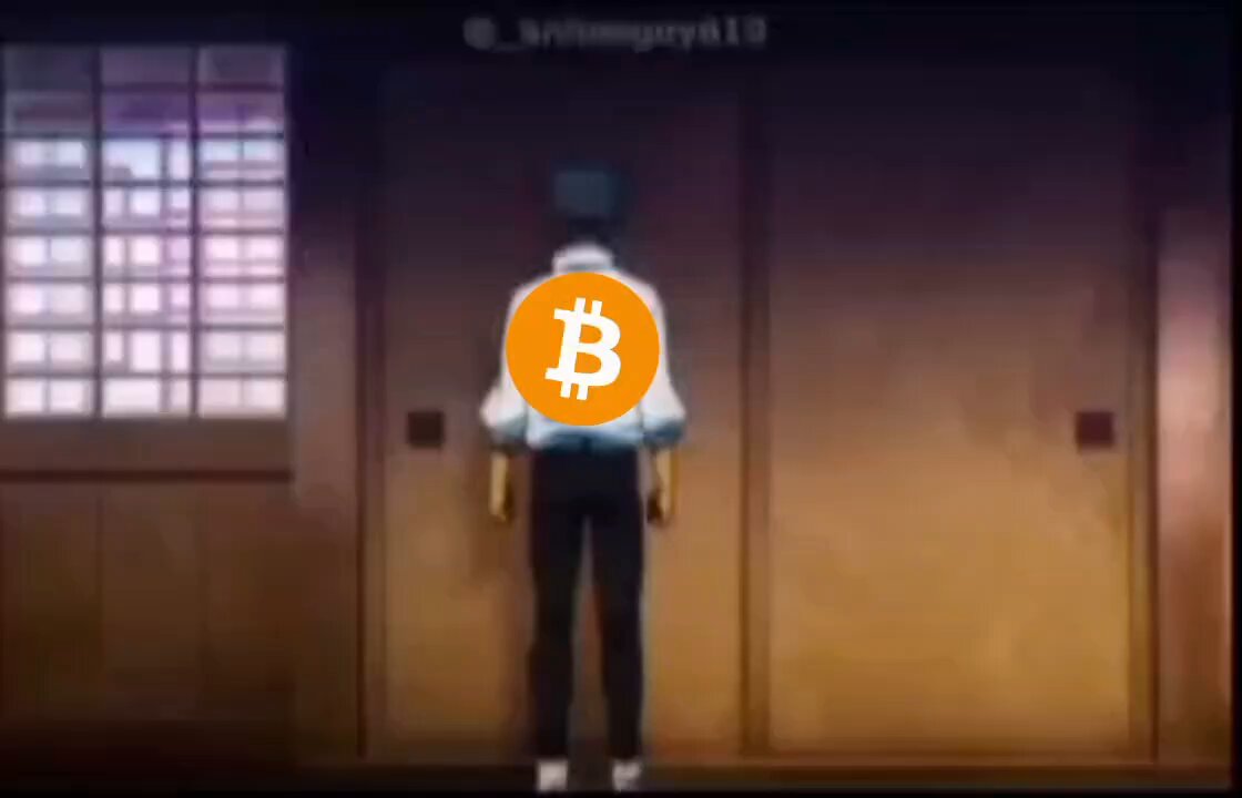 The image features a man standing in front of two doors, with one door being closed while the other remains open. The man has a backpack on his back and an orange Bitcoin symbol on his shirt. The caption for the image reads "First they ignore you... then they laugh at you... then they fight you... and then you win... $BTC #bitcoin". This post seems to be promoting or discussing Bitcoin, as indicated by the Bitcoin symbol in the image.