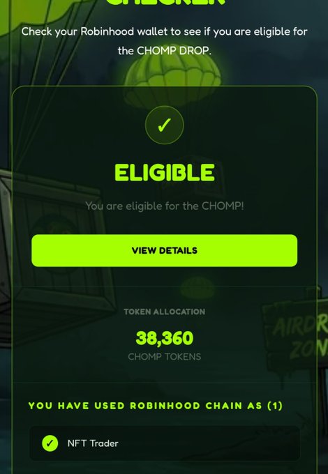 Screenshot of a Robinhood wallet eligibility page showing 'ELIGIBLE' status for the CHOMP DROP with a token allocation of 38,360 CHOMP TOKENS for NFT Traders.