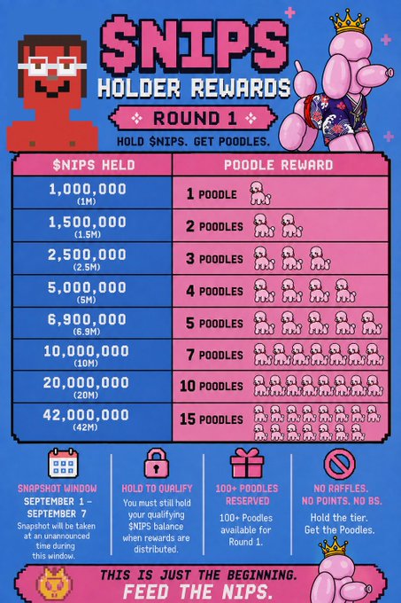 An infographic titled '$NIPS HOLDER REWARDS ROUND 1' detailing a tiered system where holding $NIPS tokens yields pink poodle rewards, featuring a slogan 'FEED THE NIPS' and rules like 'NO RAFFLES. NO POINTS. NO BS.'