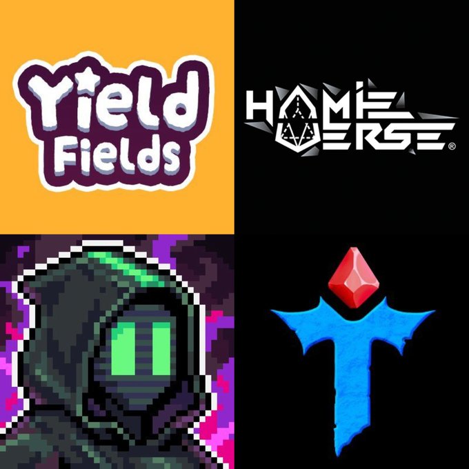 A four-panel collage features the logos “Yield Fields” and “Homeverse,” a pixel-art hooded character with glowing green eyes, and a blue sword-like icon topped with a red crystal. It accompanies a post discussing game projects such as Onchain Heroes’ Yield Fields and Gigaverse’s Giga Legends moving or relaunching on other chains.