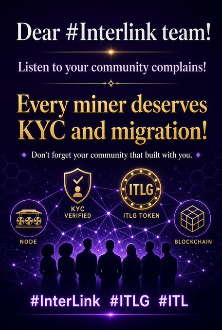 A promotional graphic addressing the InterLink (ITL/ITLG) community, featuring a dark purple background with silhouettes of people and icons for "KYC Verified," "Node," "ITLG Token," and "Blockchain." It demands that the InterLink team address miner complaints by providing KYC verification and migration opportunities, echoing the post's call for transparency about migration timelines and an end to the token burning mechanism.