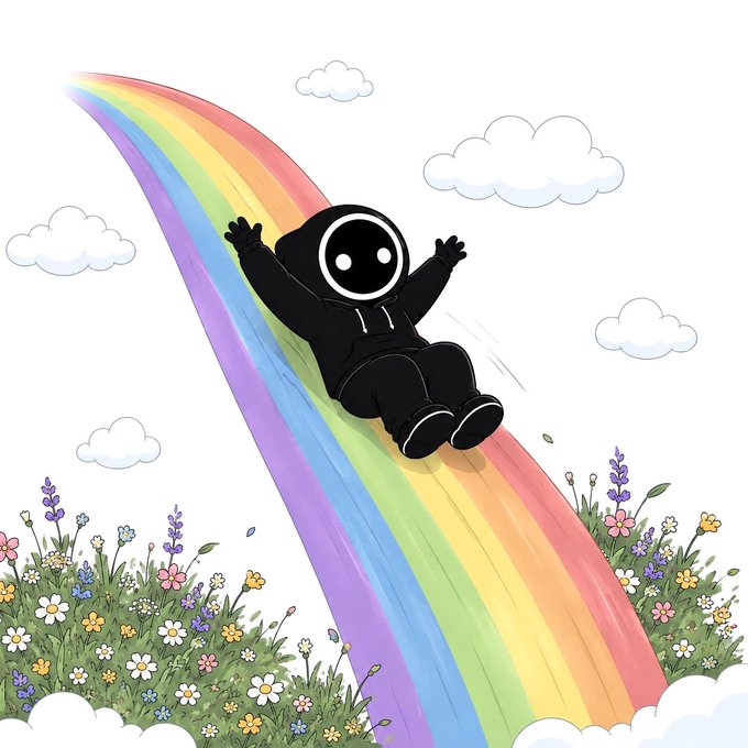 A cartoon character in a black hooded outfit with a smiley face slides down a rainbow slide above a field of colorful wildflowers and fluffy white clouds.