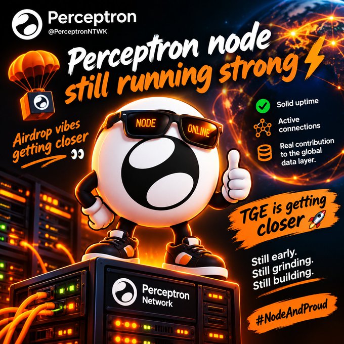 A promotional graphic for Perceptron Network showing a cartoon mascot character wearing sunglasses labeled "NODE ONLINE," with text reading "Perceptron node still running strong," "Airdrop vibes getting closer," and "TGE is getting closer," along with the hashtag #NodeAndProud.