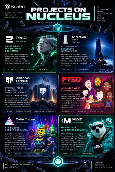 An infographic titled 'PROJECTS ON NUCLEUS' showcasing various projects including ZerAI, Accretion, American Fortress, Ptsd, CyberThrone, and MINT, with categories like gaming, NFT, and privacy.