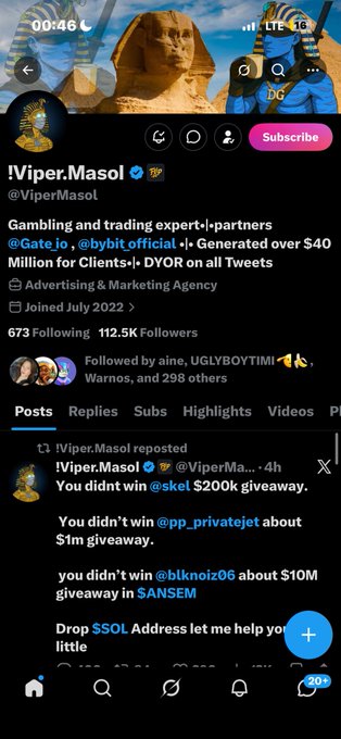Twitter/X profile of @ViperMaso1, self-described 'Gambling and trading expert,' with 112.5K followers, showing a repost warning users about fake giveaways and requesting SOL addresses.