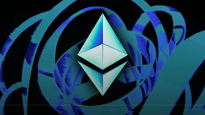 An image featuring the Ethereum logo, a light blue diamond-shaped symbol, set against a dark background with swirling blue brushstroke patterns.