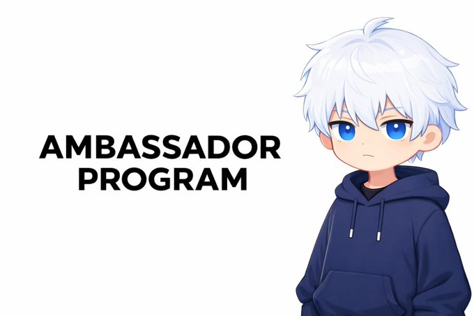 An anime-style character with white hair and blue eyes wearing a blue hoodie, next to text reading 'AMBASSADOR PROGRAM'.