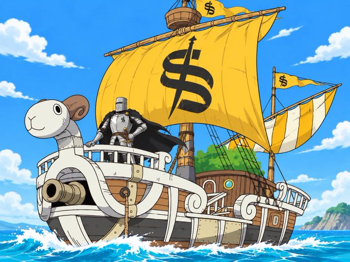 An anime-style illustration of the Going Merry ship from One Piece with dollar sign ($) sails, featuring a knight figure at the helm.