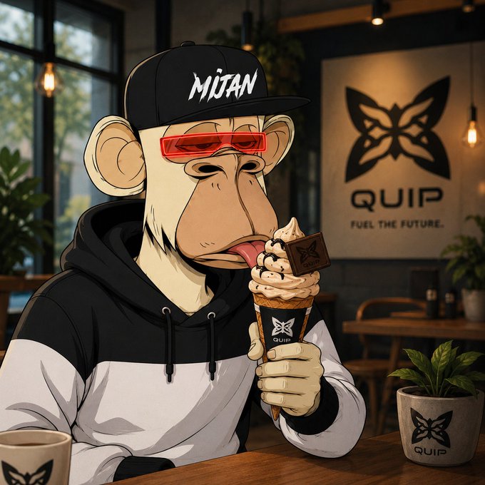 An illustrated cartoon of a Bored Ape-style monkey wearing a cap and red sunglasses, eating an ice cream cone with 'QUIP' branding on the cone wrapper and background.