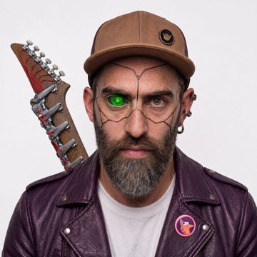 A man with a beard wears a brown cap and leather jacket, with a glowing green cybernetic eye and cracked skin effect on his face, with a guitar visible over his shoulder.