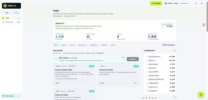 Screenshot of the Amabot Hub tasks dashboard with a Season 01 leaderboard showing user rankings and points (e.g., @gohyuhwaetor 11,999, @bamtv_7 10,238).