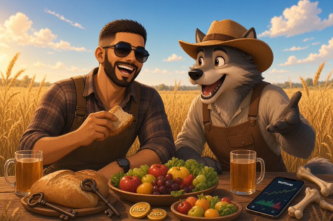 A cartoon-style illustration of a bearded man in sunglasses sharing a meal with an anthropomorphic wolf wearing a cowboy hat in a wheat field, with a phone labeled 'WolfSwap' and golden coins marked 'PACK' on the table.