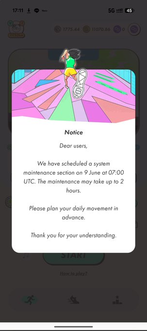The image shows a screenshot of an app called "Stepn", which appears to be a daily exercise program designed for adults. The app has been paused, as indicated by the message that reads "We have scheduled a system section at 9:00 on 7 days at 2 hours". This information is displayed in a pop-up window within the app's interface.