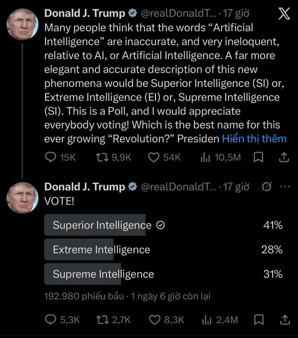 A screenshot of a tweet from Donald J. Trump (@realDonaldT...) discusses renaming "Artificial Intelligence" to "Superior Intelligence" (SI), "Extreme Intelligence" (EI), or "Supreme Intelligence," with poll results showing SI leading at 41%.