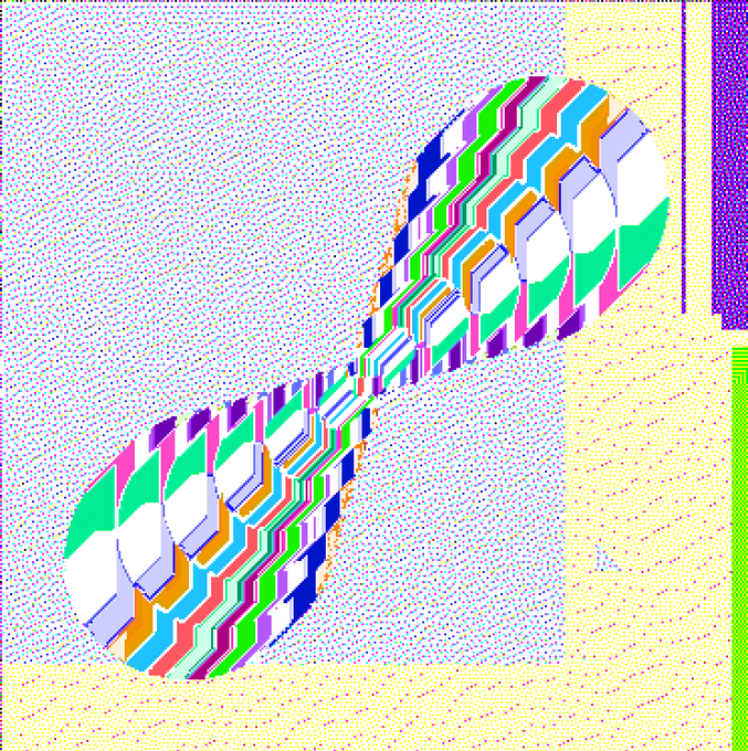 A colorful abstract digital/glitch art piece featuring a 3D pixelated shape resembling a pill or capsule composed of various colored blocks (purple, green, orange, blue, white) against a static noise background with cyan and yellow tones.