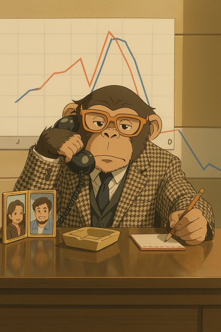 An animated illustration of a chimpanzee wearing glasses, a houndstooth jacket, and a tie, talking on a rotary phone while holding a pencil over notepad, with a stock chart showing a sharp decline on the wall behind and family photos on the desk.