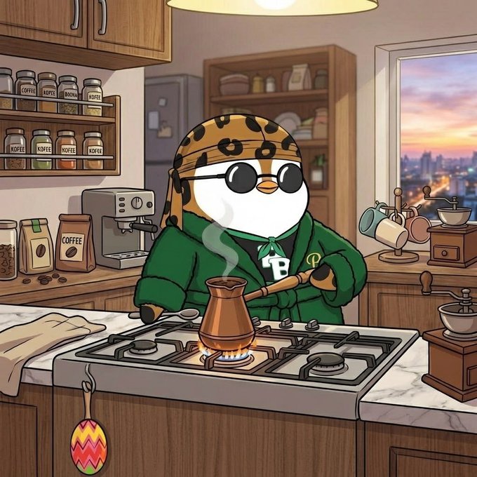 An illustration of a cartoon penguin wearing a leopard-print cap, sunglasses, and a green hoodie with a 'B' logo, brewing coffee in a copper cezve on a stove.