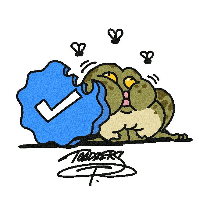 A cartoon illustration of a green frog hugging a blue verification badge with a white checkmark, surrounded by small heart symbols.