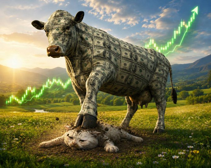 A surreal digital artwork featuring a bull covered in dollar bill patterns standing over a fallen white cat, with a green stock market candlestick chart trending upward in the background.
