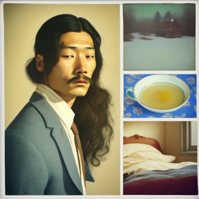 A portrait of an East Asian man with long black hair and a mustache, wearing a blue suit, displayed alongside three smaller images of a snowy house, a cup of tea, and an unmade bed.