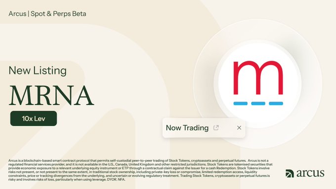 The image announces the new listing of MRNA on Arcus with 10x leverage for spot and perpetual futures trading, now live. It aligns with the post highlighting $MRNA's availability for trading on the Arcus platform.