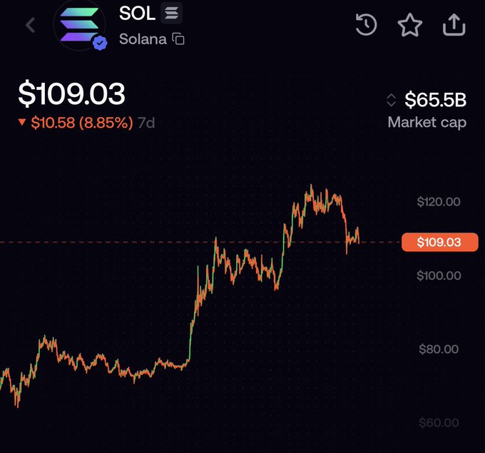 The image shows a 7-day Solana (SOL) price chart displaying a current price of $109.03, down $10.58 (8.85%) over the past week, with a market cap of $65.5B. The chart visually contrasts with the post's bullish "$1,000 token" prediction by showing SOL's recent pullback from highs above $120 toward the $100 support level.