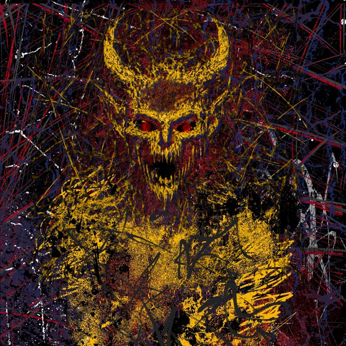 A menacing demonic skull with glowing red eyes and curved horns emerges from a chaotic background of yellow, red, and purple streaks, embodying the intense, aggressive energy of the "~𝕽𝖆𝖌𝖊~ #SolanaSunday" post through its dark, hellish aesthetic.