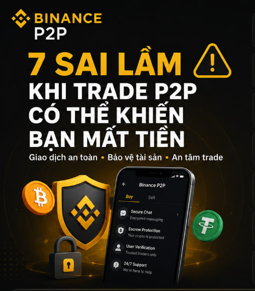 A promotional graphic for Binance P2P featuring a black and gold color scheme, with Vietnamese text '7 SAI LẦM KHI TRADE P2P CÓ THỂ KHIẾN BẠN MẤT TIỀN' and an image of a smartphone displaying the app's secure chat, escrow protection, and verification features alongside Bitcoin and Tether coin icons.