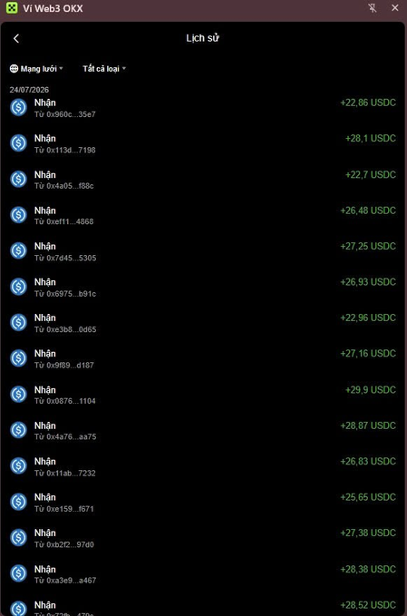 Vi Web3 OKX transaction history in Vietnamese showing multiple 'Nhận' (receive) transactions of USDC amounts dated 24/07/2026.
