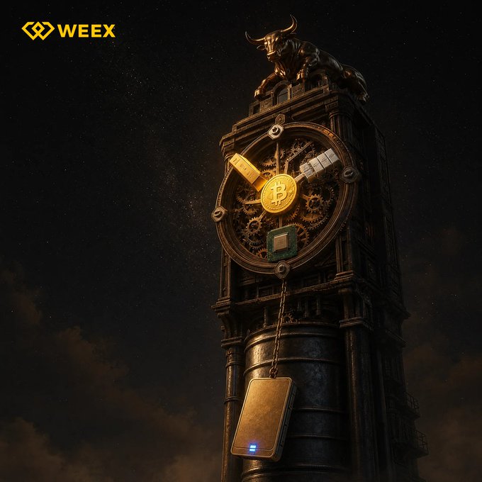 A dramatic steampunk-inspired tower is crowned with a bronze bull statue, featuring a glowing Bitcoin emblem at its center surrounded by intricate gears, with a gold bar device suspended by chains below. The "WEEX" logo appears in the upper left corner, reinforcing the brand's 24/7 trading promise through the image's powerful, unyielding bull symbolism that evokes continuous market strength and opportunity.