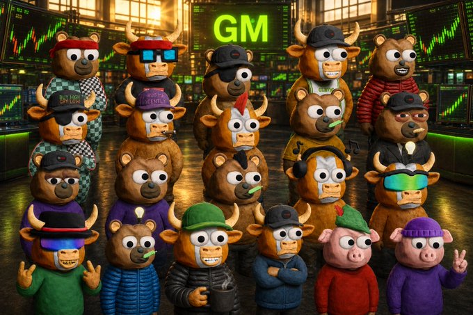 A group of cartoonish bull and pig characters wearing various hats, sunglasses, and clothing stand together in a stock trading-themed room with a 'GM' sign and green trading charts in the background.