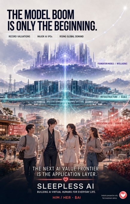 The image is a futuristic promotional poster titled "THE MODEL BOOM IS ONLY THE BEGINNING," highlighting trends like "Record Valuations," "Major AI IPOs," and "Rising Global Demand," while visually depicting a multi-layered cityscape representing foundation models, infrastructure, and the application layer of AI. Four figures stand in the foreground above the tagline "THE NEXT AI VALUE FRONTIER IS THE APPLICATION LAYER," promoting Sleepless AI and its products HIM, HER, and the $AI token, directly reinforcing the post's message about virtual humans and AI's future.