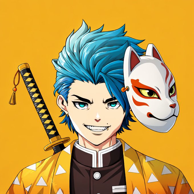 An anime-style illustration of a smiling young man with spiky blue hair, wearing a yellow patterned kimono and holding a katana over his shoulder, with a white fox mask featuring red markings floating beside his head against a bright orange background.