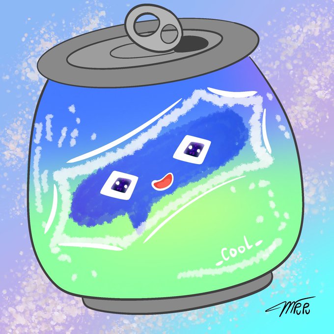 A cute digital illustration of a soda can character with a kawaii face and '_Cool_' text, set against a sparkly pastel purple and blue background.