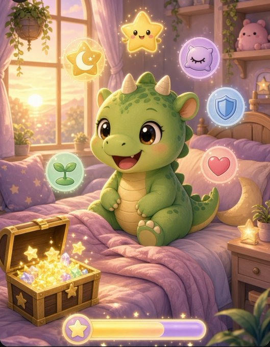 A cute cartoon green baby dragon sits on a purple bed with magical icons (stars, moon, heart, shield) floating around it, with a treasure chest of glowing stars beside it and a progress bar at the bottom.