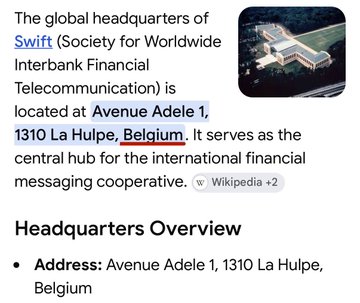 The image shows information about SWIFT's global headquarters located at Avenue Adele 1, 1310 La Hulpe, Belgium, along with a small photo of the headquarters building. The accompanying post suggests SWIFT's Belgium location signals positive developments for XRP, possibly hinting at adoption or integration of Ripple's technology.
