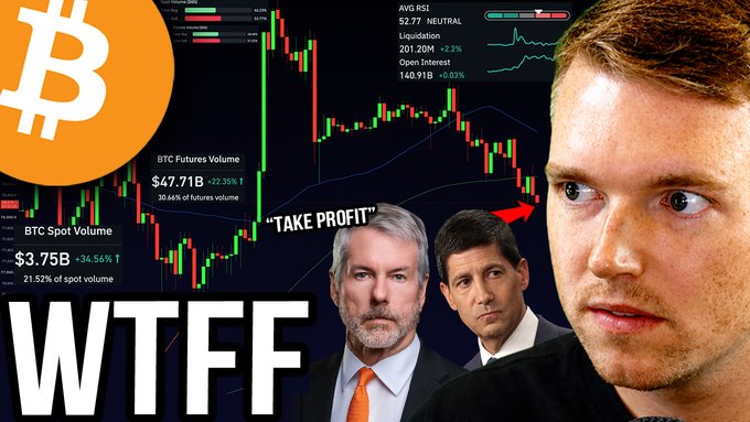 The image is a YouTube thumbnail featuring a man's face on the right with financial trading charts, Bitcoin logos, and text overlays like "WTFFF," "TAKE PROFIT," and metrics showing "AVG RSI 52.77 NEUTRAL," "Liquidation 201.20M +2.2%," and "BTC Spot Volume $3.75B +34.56%." The dramatic design and alarming terminology visually reinforce the post's urgent tone about a potential Bitcoin liquidation trap and market crisis.