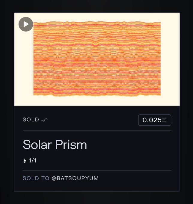 An NFT listing page showing "Solar Prism" marked as SOLD for 0.025Ξ to @BATSOUPYUM, featuring a colorful wavy orange and yellow patterned artwork.
