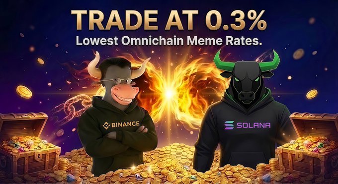A promotional advertisement reading 'TRADE AT 0.3% Lowest Omnichain Meme Rates' featuring a Binance-branded bull and Solana-branded bull mascot standing on piles of gold coins.