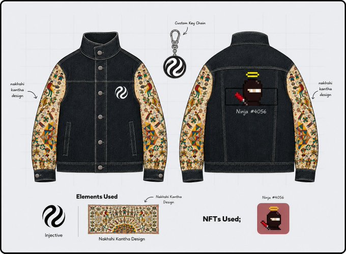 A design mockup for a custom denim jacket featuring 'Nakhshi Kantha Design' embroidery with Injective branding, a key chain, and 'Ninja #4056' NFT on the back pocket.