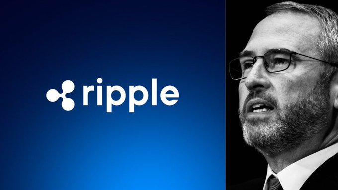 The image features the Ripple logo alongside a black-and-white portrait of Brad Garlinghouse, visually reinforcing the news of Ripple's $50 billion valuation repricing and Garlinghouse's bold prediction about a future trillion-dollar crypto company.