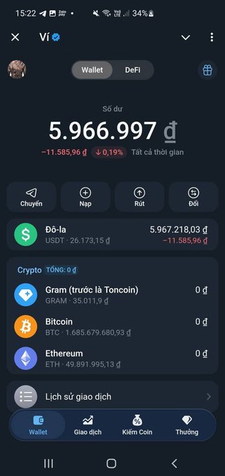 A mobile screenshot of a Vietnamese cryptocurrency wallet app showing a balance of '5.966.997 ₫' (down 11.585,96 ₫) with options for sending, depositing, withdrawing, and exchanging, listing Gram, Bitcoin, and Ethereum balances.