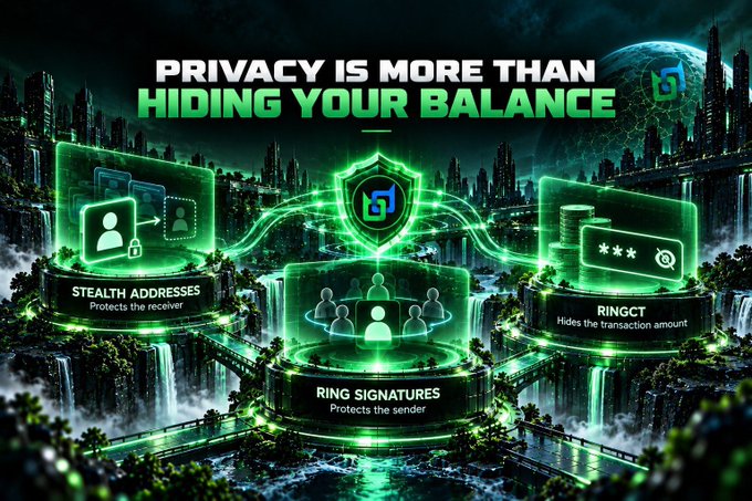 A futuristic digital graphic titled 'PRIVACY IS MORE THAN HIDING YOUR BALANCE' featuring three neon-green pillars labeled 'STEALTH ADDRESSES - Protects the receiver', 'RING SIGNATURES - Protects the sender', and 'RINGCT - Hides the transaction amount' set against a glowing cyberpunk cityscape.