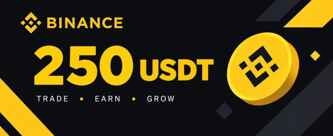 A Binance promotional banner offering 250 USDT with the text 'TRADE ♦ EARN ♦ GROW'.