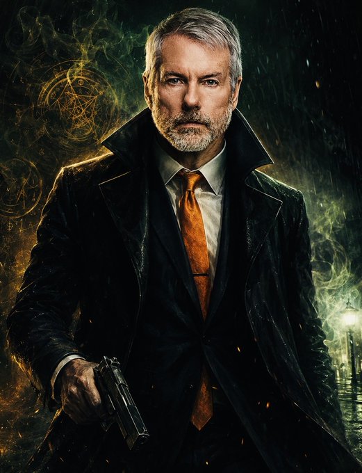 A dramatic digital portrait of a gray-haired man in a dark coat and orange tie holding a pistol, surrounded by mystical occult symbols and smoky effects.