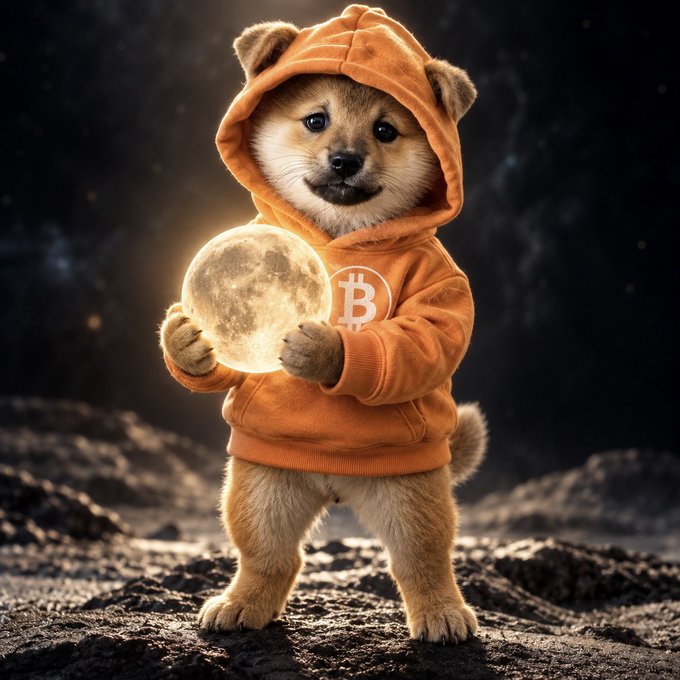 An anthropomorphic Shiba Inu puppy wearing an orange Bitcoin-logo hoodie holds a glowing full moon while standing on a dark, rocky lunar-like surface.