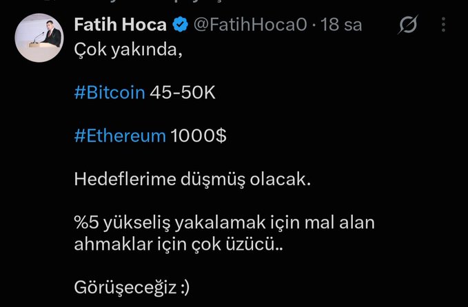 A Turkish tweet from Fatih Hoca (@FatihHoca0) predicting "#Bitcoin 45-50K, #Ethereum 1000$" and stating targets have been reached, expressing disappointment about those who bought dips.