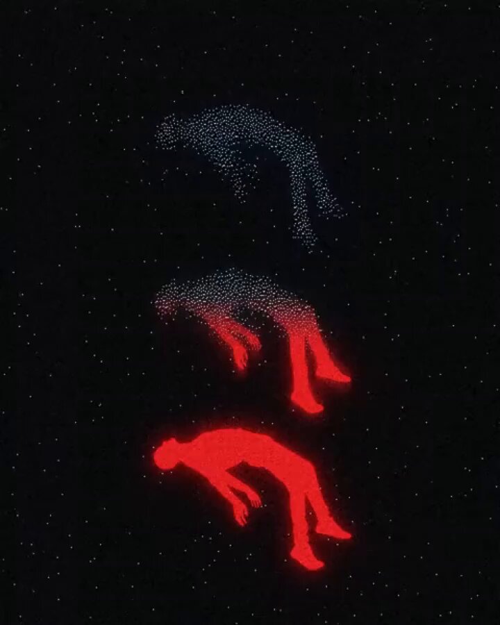 The image shows a digital art piece featuring three red silhouettes of people floating and walking in space with the background being black, giving an impression of stardust. The piece is highly recommended for its artistic value due to its unique style and concept.