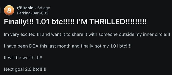 A screenshot of a Twitter post with various emojis, including thumbs up, along with a caption that reads "Finally!! 1.01 btc!". This implies that the post is about sharing some exciting news or experiences related to Bitcoin usage, possibly in the context of a cryptocurrency discussion or transaction.