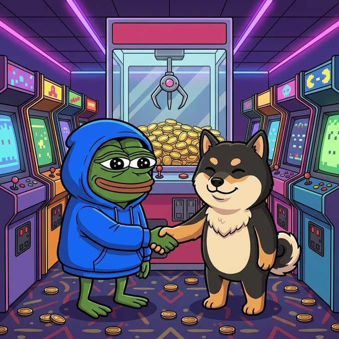 A cartoon illustration of a Pepe the Frog character in a blue hoodie shaking hands with a smiling Shiba Inu dog in an arcade filled with claw machines and gold coins.